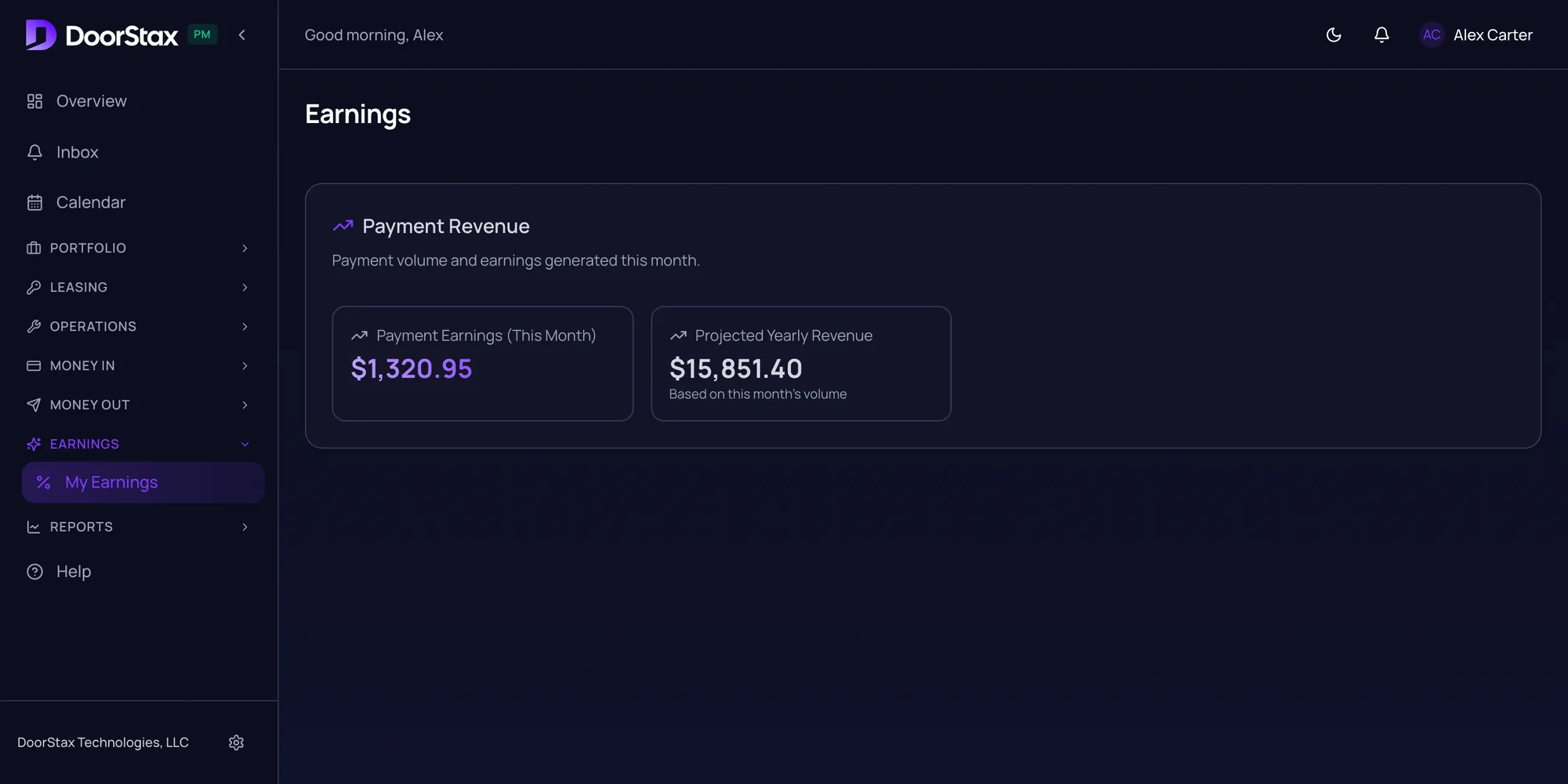 DoorStax Earnings page with the menu open on My Earnings and a Payment Revenue card showing payment earnings this month and projected yearly revenue. Demo portfolio.