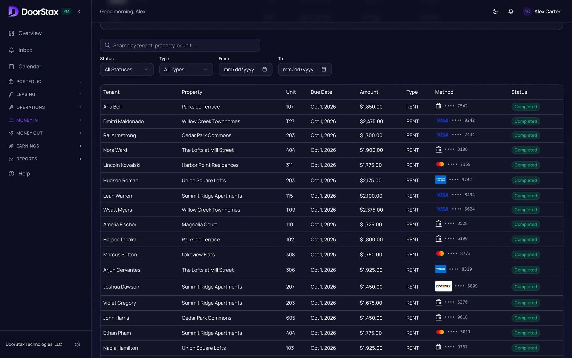 DoorStax payments list showing tenant rent payments by bank account and by card brand, each marked Completed. Demo portfolio.