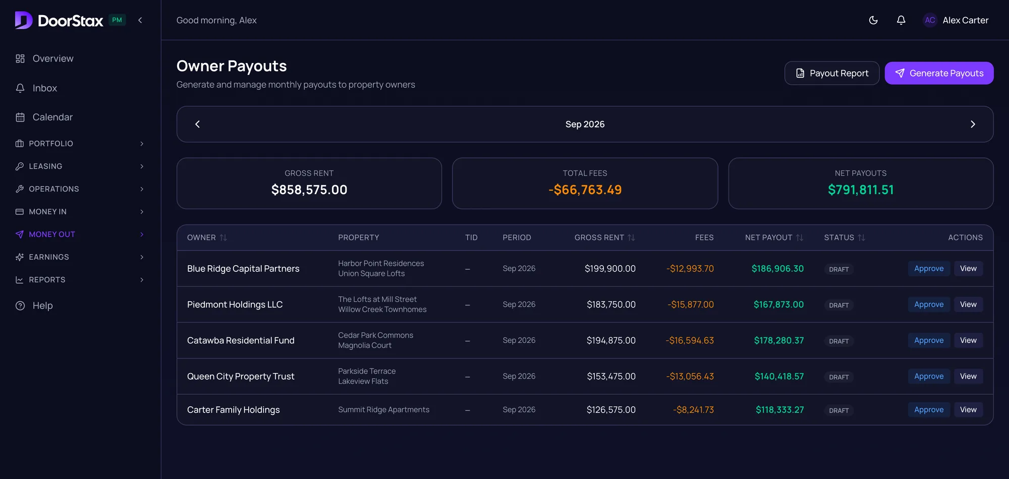 DoorStax owner payouts for one month with gross rent, total fees and net payouts, and five owners with Approve and View actions. Demo portfolio.