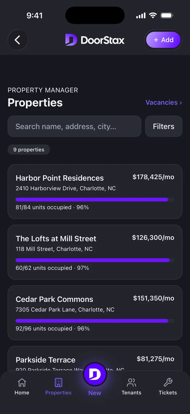 DoorStax mobile app, manager side: properties list with occupancy and monthly rent per property. Demo data.