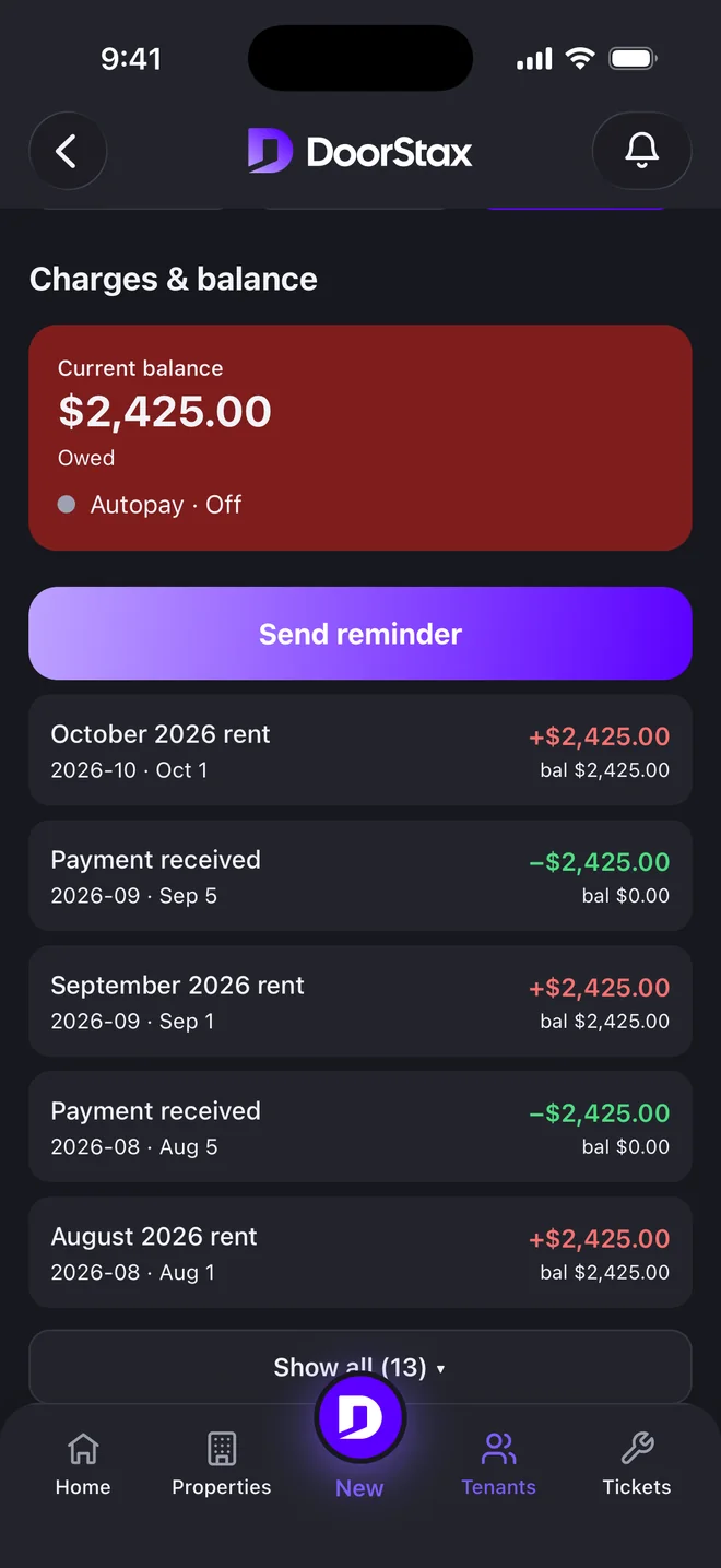 DoorStax mobile app, manager side: a tenant's balance with charges and payments. Demo data.