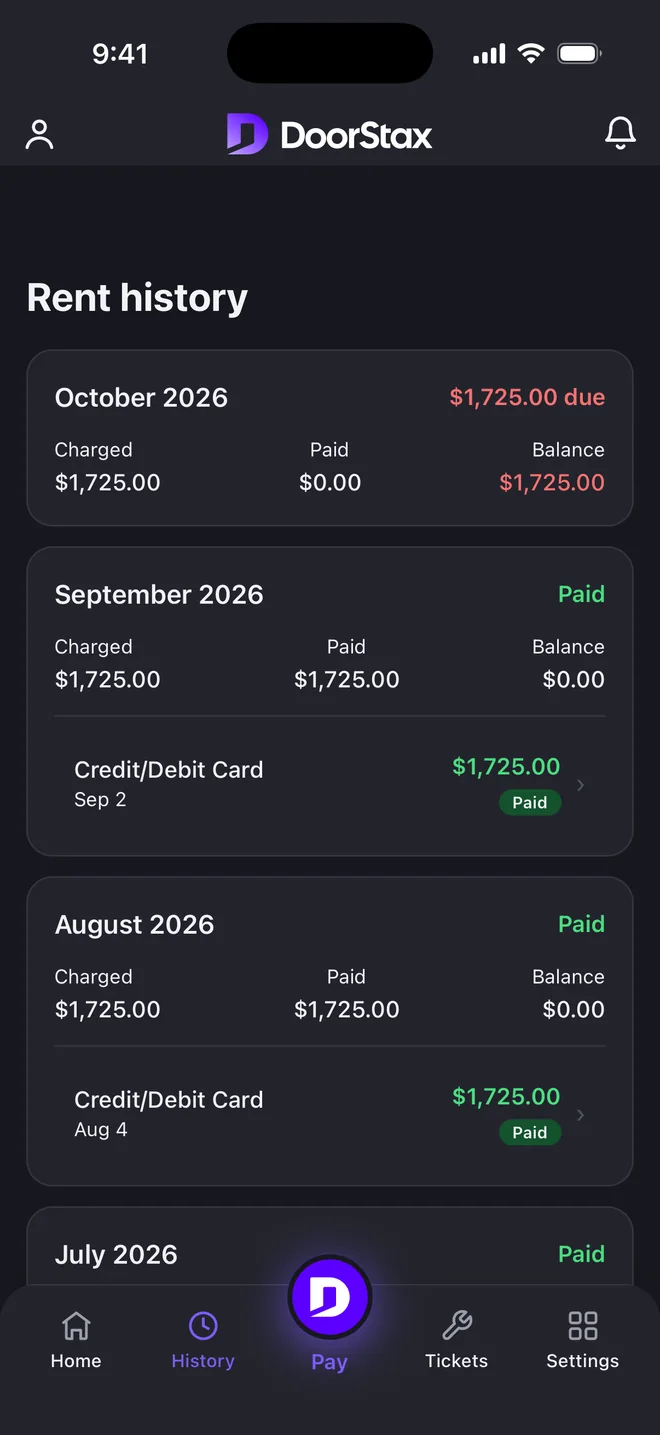 DoorStax mobile app, tenant side: rent history showing each month's charge and payment. Demo data.