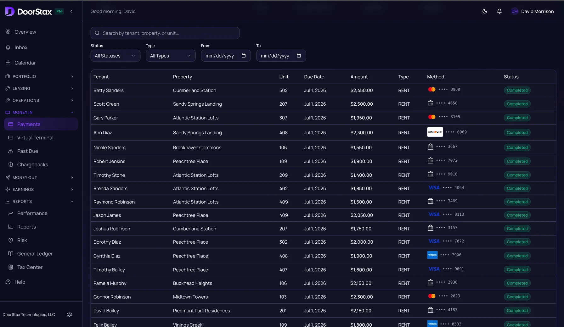DoorStax payments ledger listing tenant rent payments made by bank transfer and card